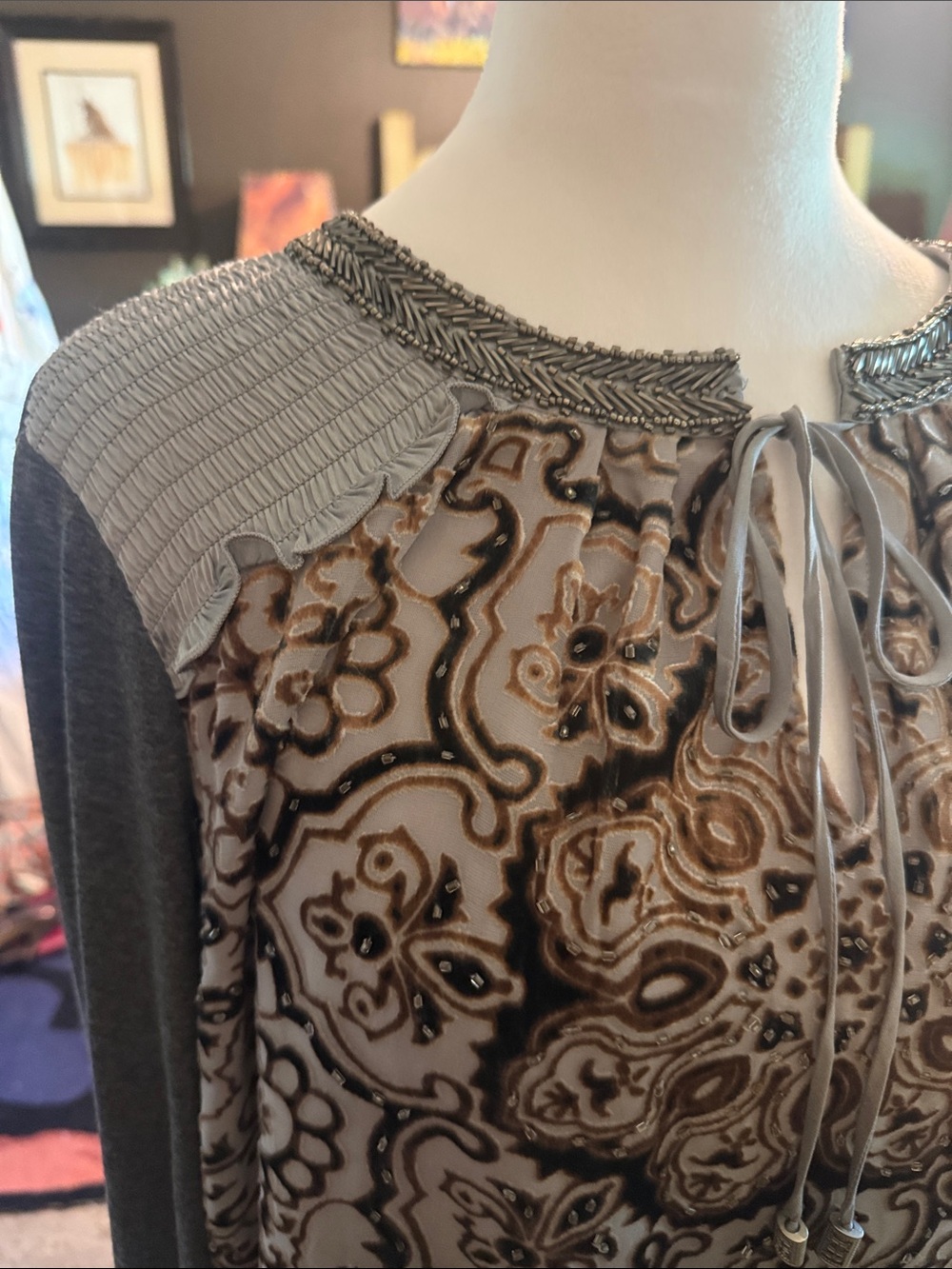 Sundance Hale Bob Gray and Cream Long-Sleeve PrintedBeading Peasant Blouse large - Picture 9 of 9
